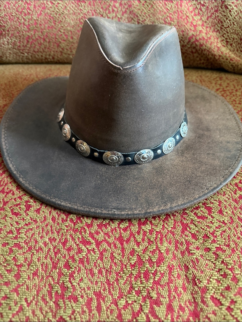 Men's Brown Leather Western Hat with Decorative Concho Band